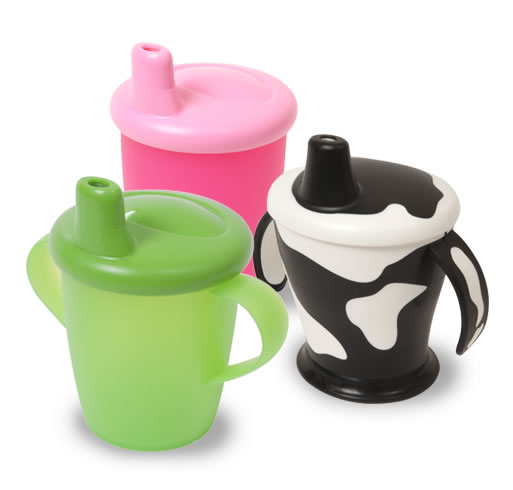 Anyway cups, green classic cup, pink classic beaker and cow cup